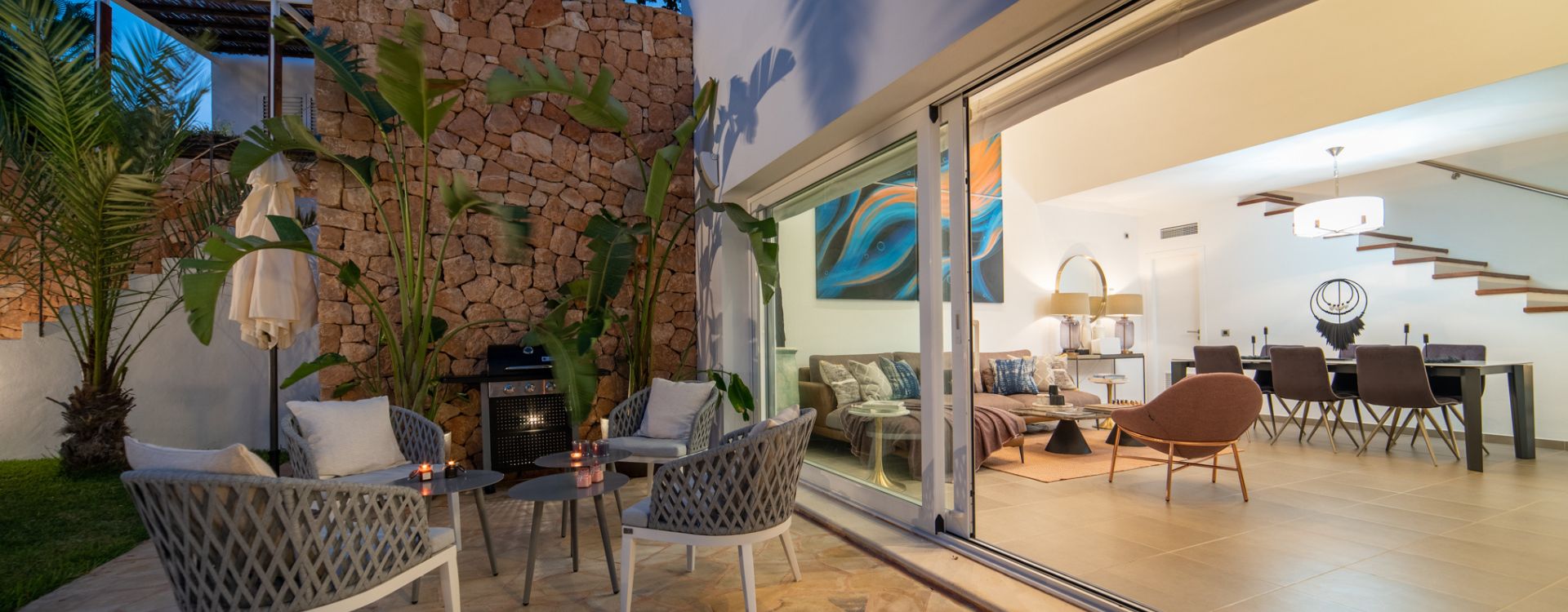 Villa Natalie to rent in Cap Martinet in Ibiza with outside lounge area. 